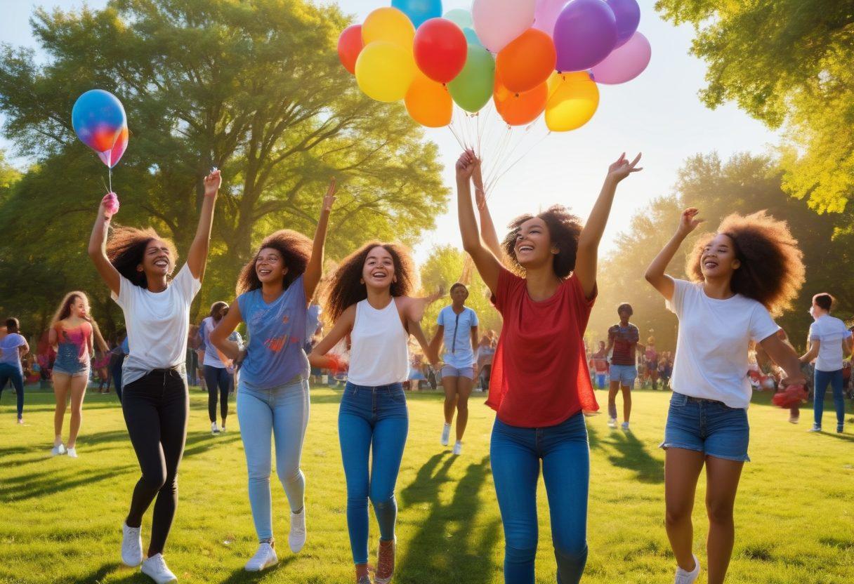 A vibrant, colorful scene featuring a diverse group of teens joyfully engaging in various activities like dancing, painting, and laughing together in a sunlit park. Surround them with symbols of happiness, such as balloons, sunshine, and a rainbow in the background. The atmosphere should radiate positivity and energy, reflecting a sense of community and joy. super-realistic. vibrant colors. outdoor setting.