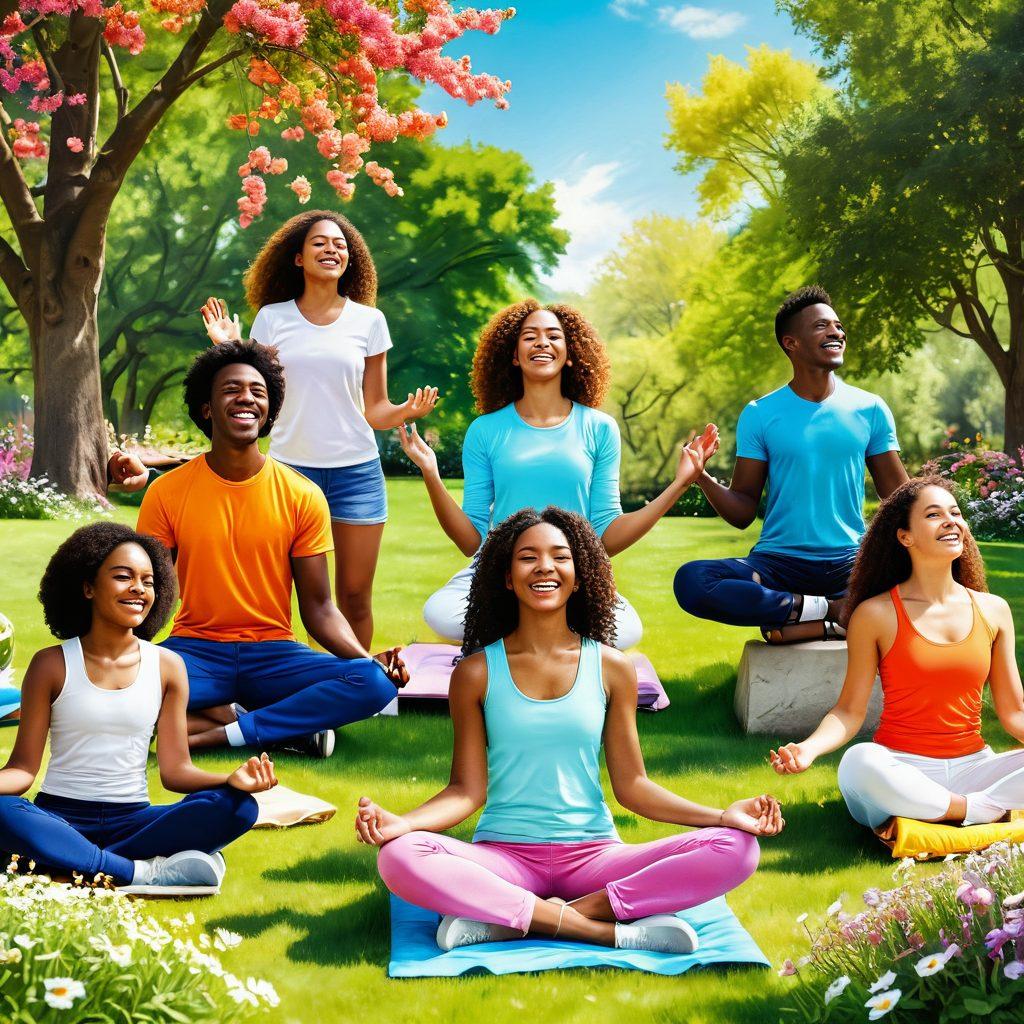 A vibrant scene depicting a diverse group of joyful young people engaging in various activities symbolizing happiness and wellness, such as laughing, exercising, and meditating in a sunny park filled with blooming flowers and greenery. Bright, uplifting colors to enhance the sense of positivity and energy. super-realistic. vibrant colors. outdoor setting.