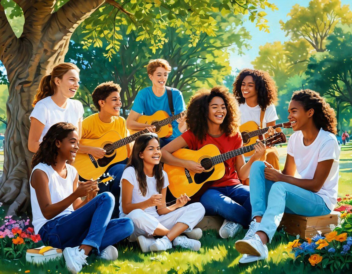 A vibrant scene depicting a group of diverse teenagers engaging in various joyful activities: laughing, playing music, painting, and sharing stories in a sunlit park filled with colorful flowers and trees. Emphasize expressions of contentment and connection among them, symbolizing happiness and growth. Include elements like art supplies, musical instruments, and friendship symbols. super-realistic. vibrant colors. natural setting.
